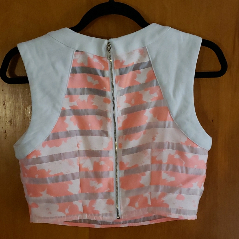 Bebe coral white floral stripe crop top
